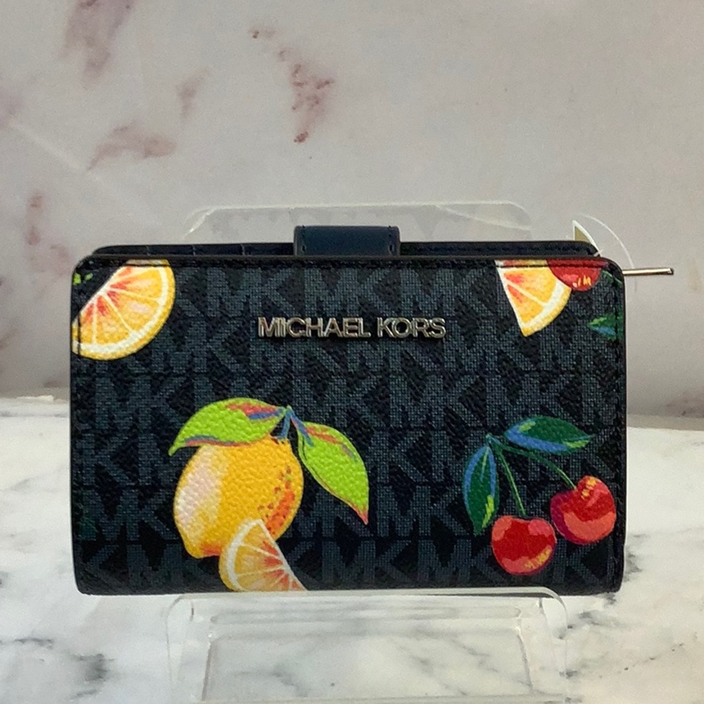 NWT Michael Kors  Fruit Print Medium Bifold Wallet Blue